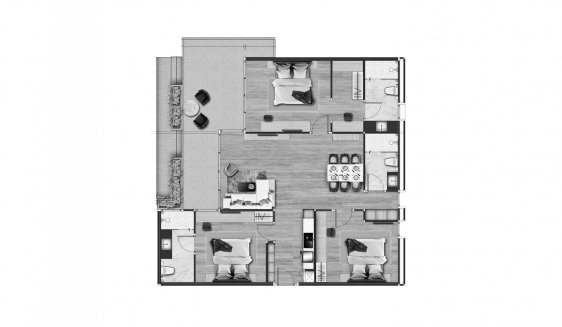 Apartment floor plan, 3 bedrooms in building Building B Coral Beach Oceanview Resort Patong in Phuket, Thailand, Coral Beach Oceanview Resort Patong No. 11011 (2D)