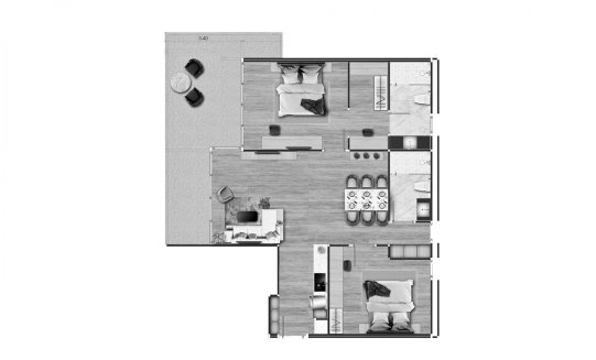Apartment floor plan, 2 bedrooms in building Building A Coral Beach Oceanview Resort Patong in Phuket, Thailand, Coral Beach Oceanview Resort Patong No. 11008 (2D)